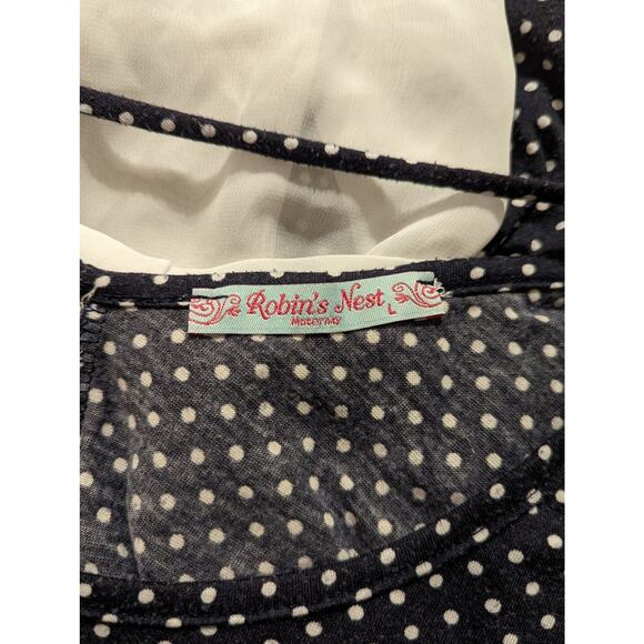 robins nest maternity navy blue white polka dots white sheer bow womens large - Picture 4 of 5